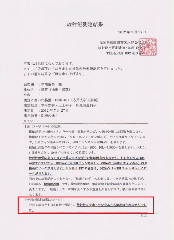 放射能汚染の有無を確認するための測定の結果、放射性物質は検出されておりません。