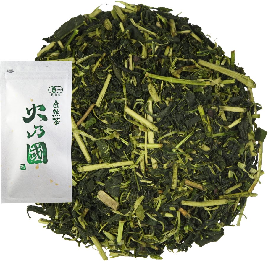 自然茶 火乃國～緑～　煎茶(白折れブレンド玉緑茶)　カテキンが多く含まれる白折れをブレンドし、ふだんから気軽にお飲みいただきたいおいしいお茶です。