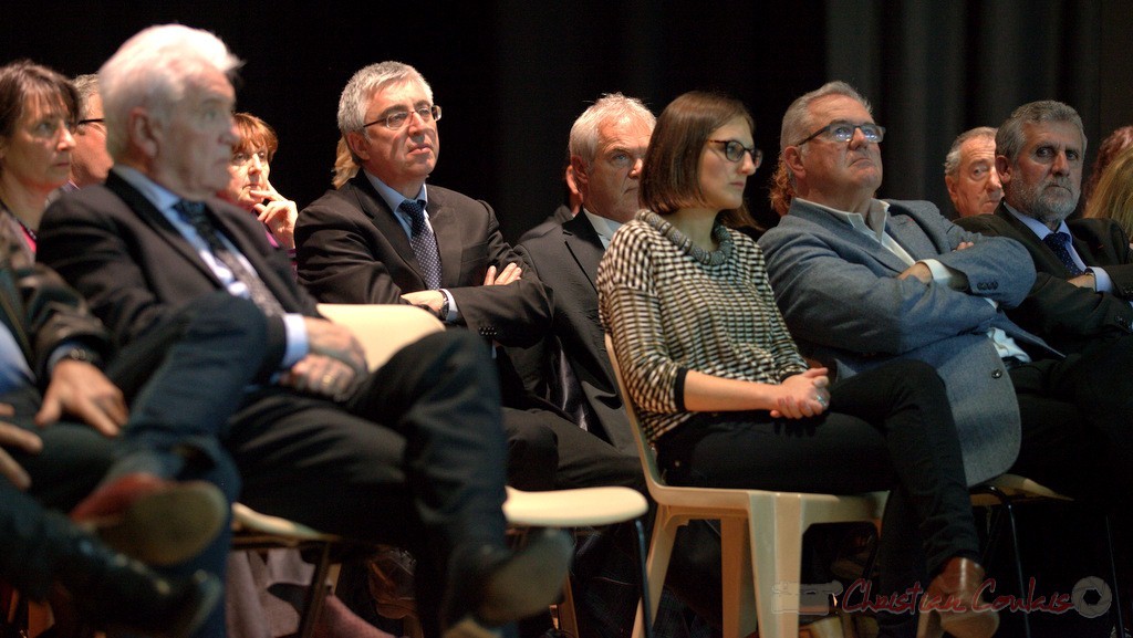 Hervé Gillé, Camille Hollebecque, Jean-Marie Darmian, Alain David. Meeting "Majorité départementale" aux élections départementales de la Gironde, Blasimon, 9 mars 2015