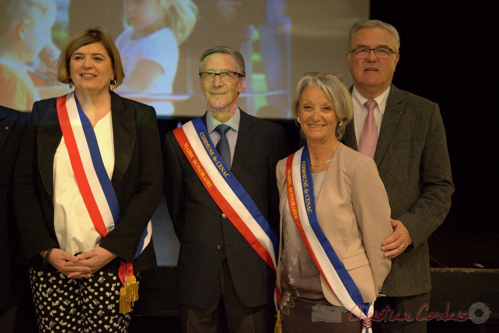 Catherine Veyssy, Gérard Pointet, Simone Ferrer, Jean-Marie Darmian. Honorariat des anciens Maires de Cénac; vendredi 3 avril 2015