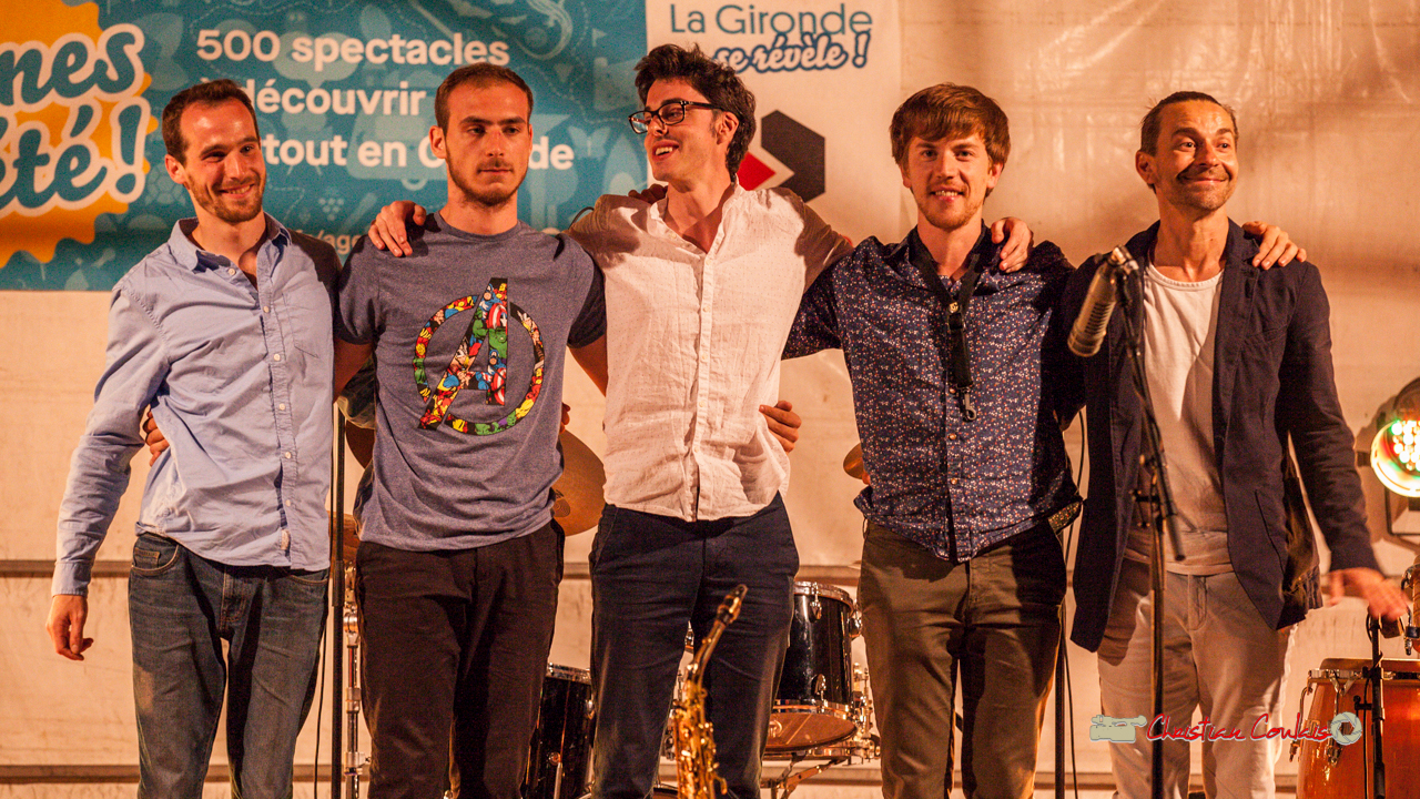 Félix Joveniaux, Romann Dauneau, Adrien Brandéis, Joachim Poutaraud, Philippe Ciminato; Adrien Brandéis Quintet, Festival JAZZ360 2019, Langoiran. 06/06/2019