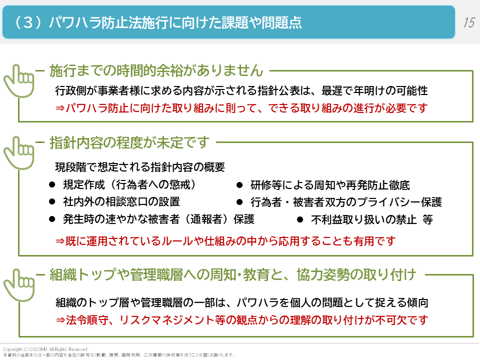 （３）パワハラ防止法施行に向けた課題や問題点