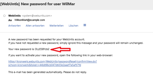 In der automatischen Mail ist sowohl das temporäre Passwort, als auch der Link zum Zurücksetzen