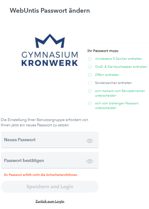 Jetzt mit dem Benutzernamen und Passwort aus der Mail (!) anmelden. Es muss ein neues Passwort vergeben werden.
