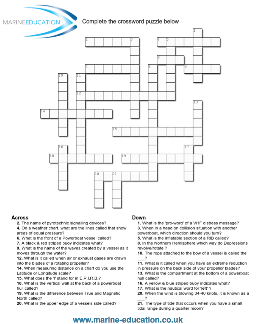 Powerboat Crossword Boredom Buster Marine Education RYA Powerboat