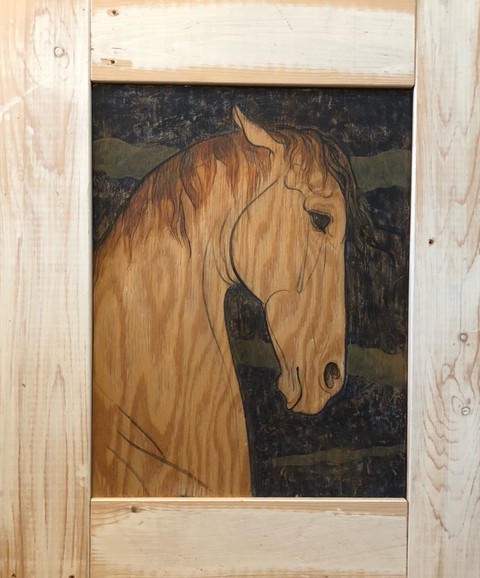 榎本篤 「夜想」 板に墨、油彩 ¥7,000(額付き) ¥6,000(額無し)485㎜×570㎜(内寸300㎜×395㎜) ※額は木枠のみで板絵が練ゴムで貼り付けてあるだけで、ガラス等は入っていません。板絵のみでご購入されて額装されることをお勧めします。