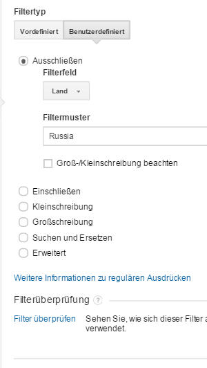 Einrichtung Filter "außer Russland"