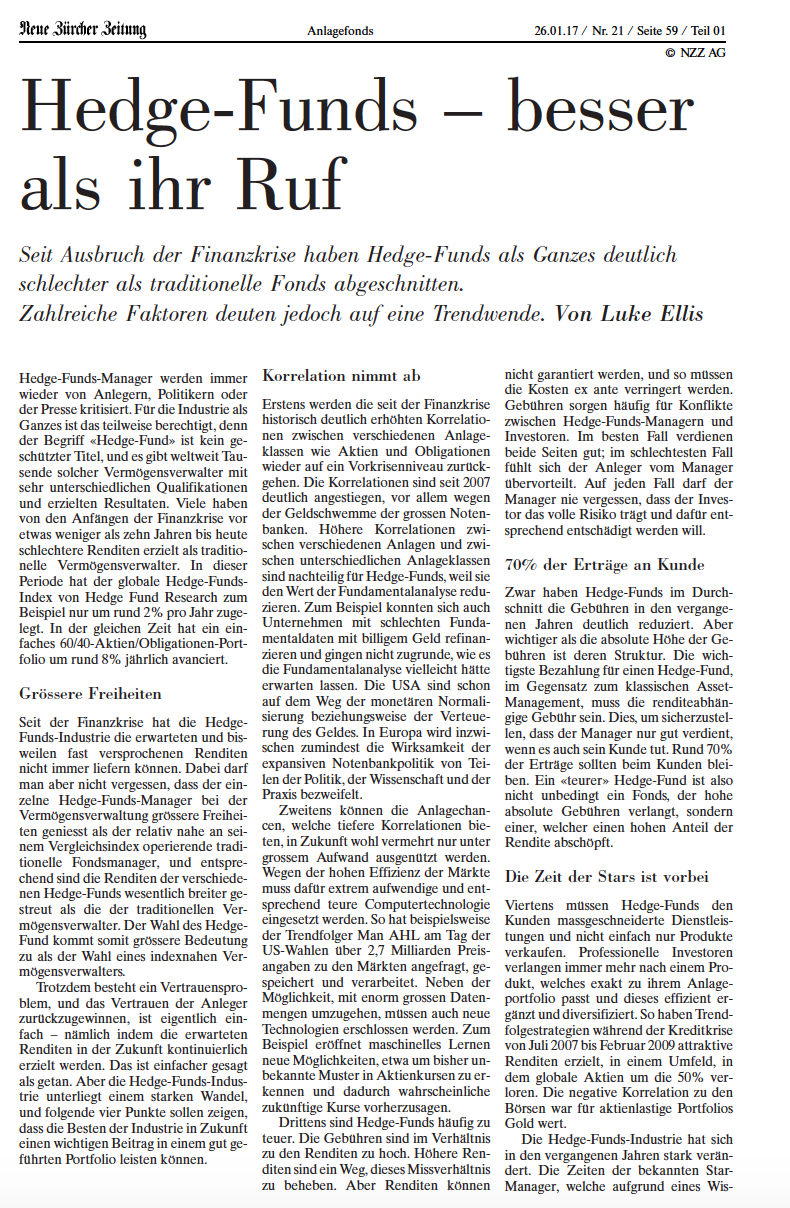 NZZ: Hedge Funds - besser als ihr Ruf