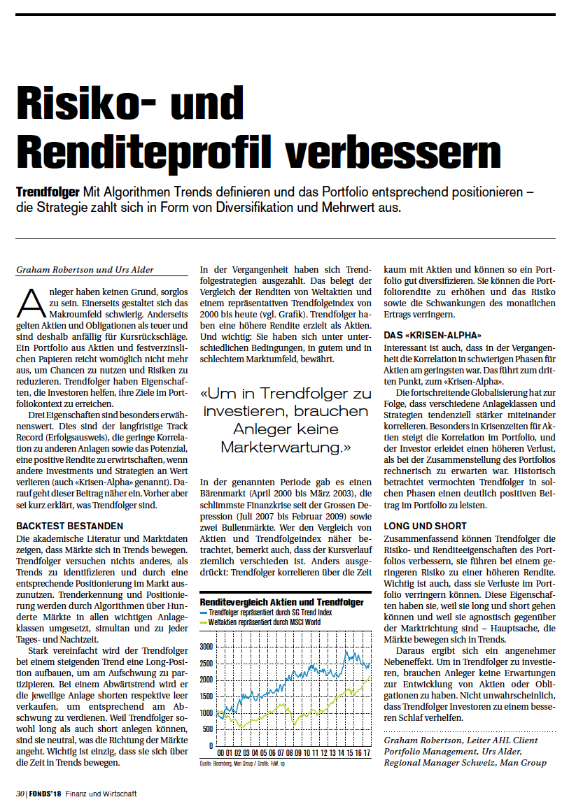 FuW: Aus dem Magazin FONDS'18 der «Finanz und Wirtschaft» vom 31. Januar 2018 (S. 30)