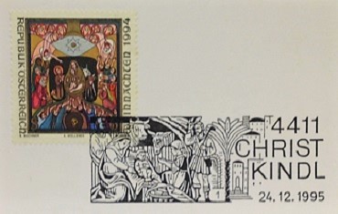 Jesus Christ and Christmas on Austrian stamp and cancellation of 1995; Topical and thematic stamp collecting or collection