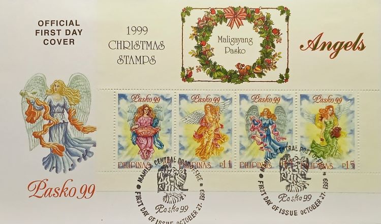 Christmas and angels on Philippine first day cover (fdc) of 1999 (B); Note: Happy angels on Christmas as theme; Christmas wreath and “Merry Christmas” in Filipino (“Maligayang Pasko”)