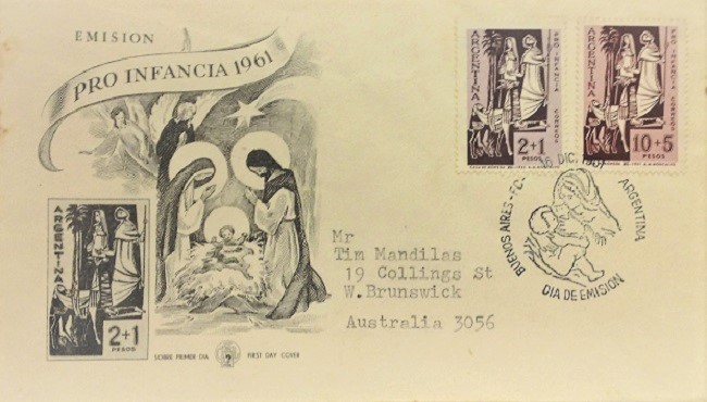 Jesus Christ and Christmas on used first day cover of Argentina of 1961; Topical and thematic stamp collecting or collection