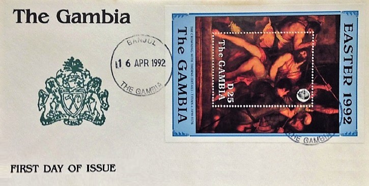 Jesus Christ on Easter first day cover of the Gambia of 1992; Topical and thematic stamp collecting or collection