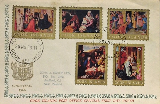 Jesus Christ and Christmas on used Christmas first day cover of Cook Islands of 1966; Topical and thematic stamp collecting or collection