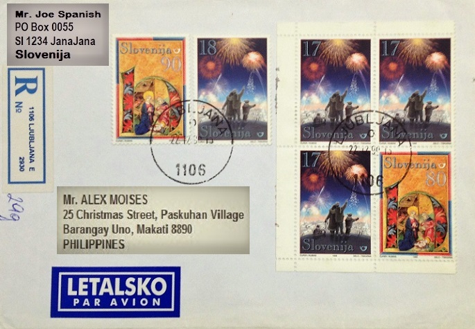 Jesus Christ and Christmas on used registered cover of Slovenia of 1999; Topical and thematic stamp collecting or collection