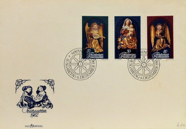 Jesus Christ and Christmas on first day cover of Liechtenstein of 1982; Topical and thematic stamp collecting or collection
