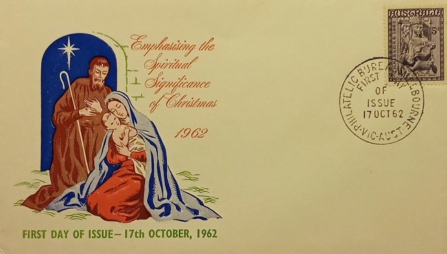 Jesus Christ and Christmas on Australian first day cover of 1962; Topical and thematic stamp collecting or collection