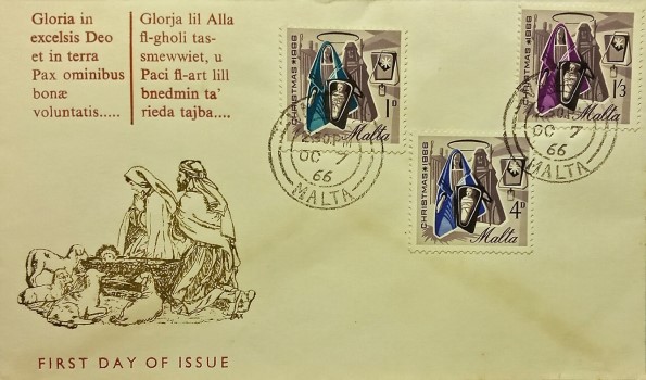 Jesus Christ and Christmas on first day cover of Malta of 1966; Topical and thematic stamp collecting or collection
