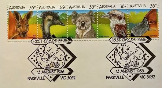 Australian Animals – Red Kangaroo, Emu, Koala, Kookaburra and Platypus – on Main Part of the Australian First Day Cover of 1986