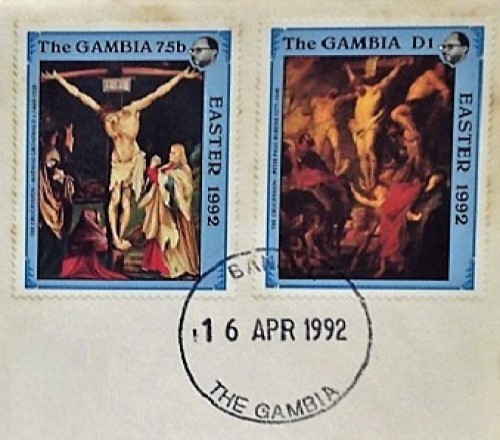 Jesus Christ on Easter first day cover of the Gambia of 1992; Topical and thematic stamp collecting or collection
