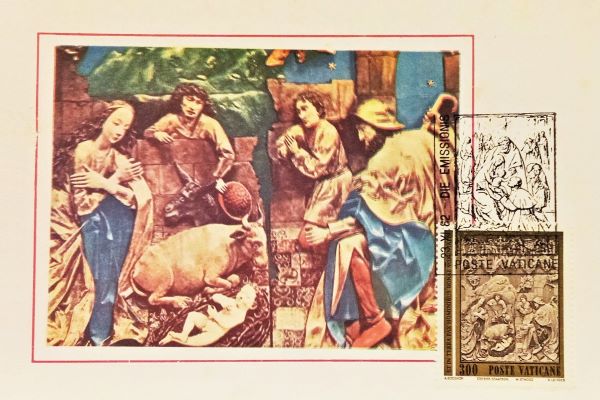 Christmas on Vatican’s maximum card of 1982; Note: Holy Family – Jesus, Mary and Joseph – with shepherds and animals in the card and on stamp; Adoration of Jesus Christ by Pope John Paul II in the cancellation