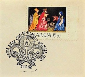 Jesus Christ and Christmas on main part of Latvian first day cover of 1992; Topical and thematic stamp collecting or collection