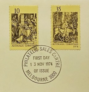 Jesus Christ and Christmas on Australian first day cover of 1974; Topical and thematic stamp collecting or collection