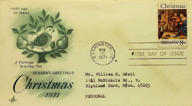 Christmas on used American first day cover (fdc) of 1971; Note: Birth of Christ, Christmas carol “Twelve Days of Christmas”