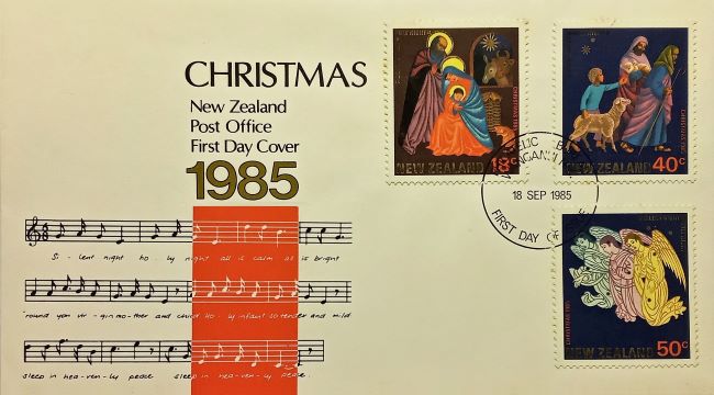 Jesus Christ and Christmas on first day cover of New Zealand of 1985; Topical and thematic stamp collecting or collection
