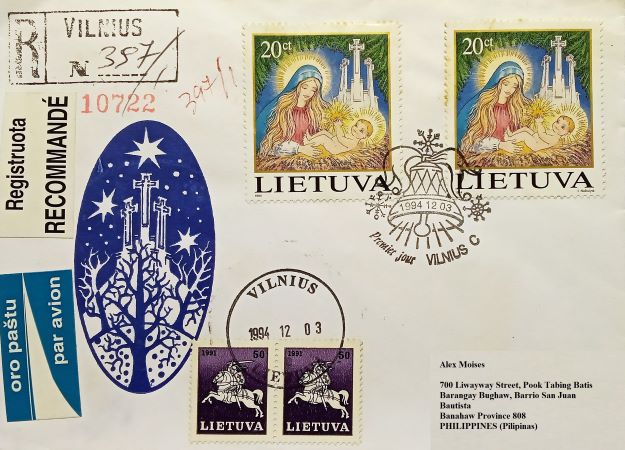 Christmas on Lithuanian first day flown registered cover of 1994; Note: Many topics - Madonna and Child; Cross of Christ; Christmas bell in first day of issue cancellation; The shoot of David in the illustration area; Address altered for privacy reason