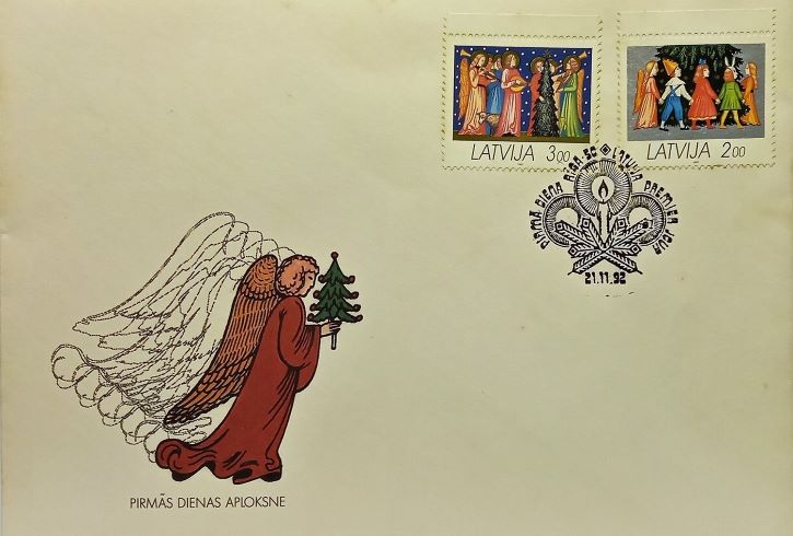 Christmas on Latvian first day cover (fdc) of 1992 (A); Note: Angels, Christmas Celebration and children, and Christmas tree