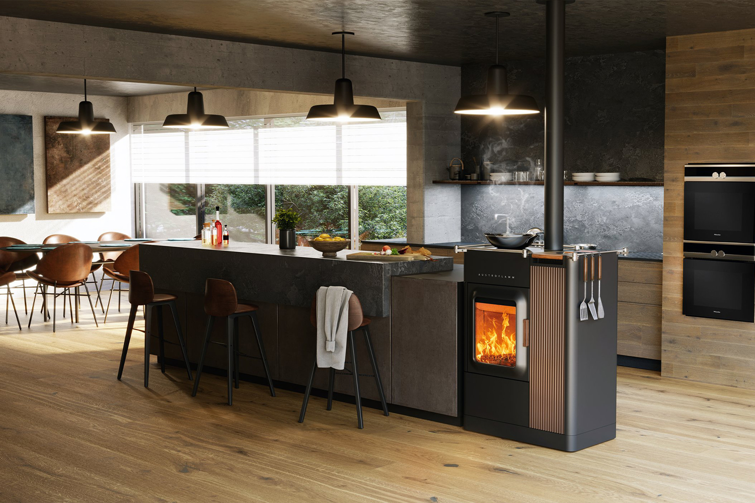 Poêle mixte bois granulés feu cuisine