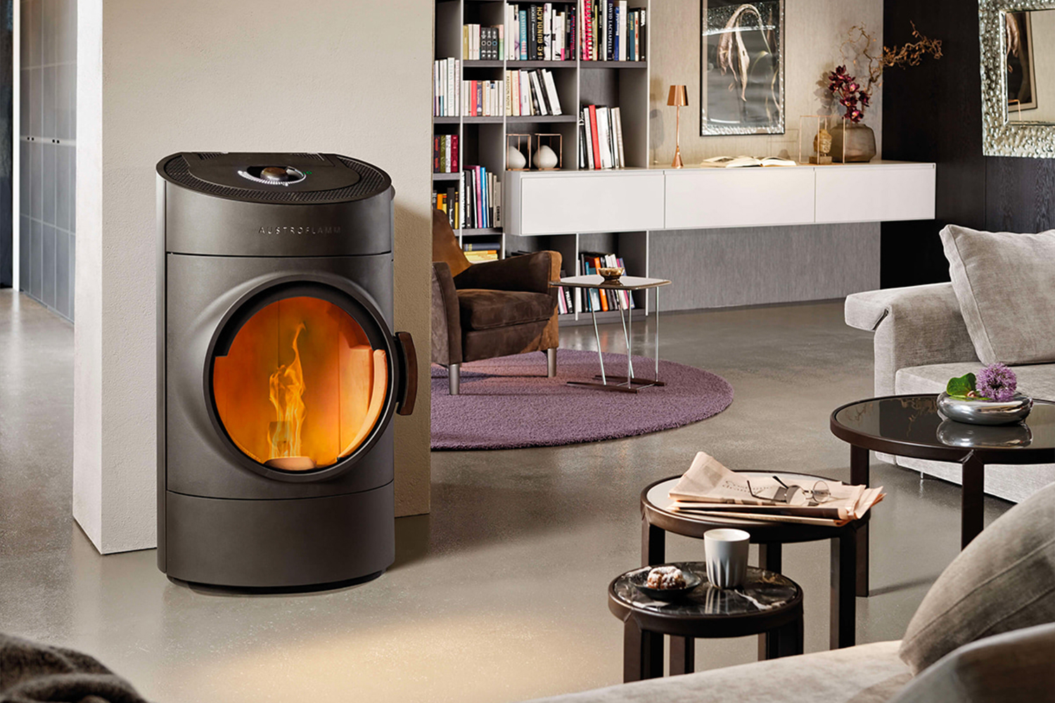 Poêle granulés feu grande vision rond