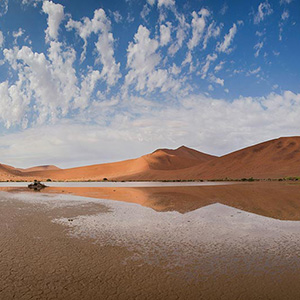 Sossusvlei Namib Desert Red Sand Dunes after Rain reflecting in the Water, Namibia, Africa