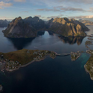 Reine Fishermen Village, Aerial Panoramic with Drone, Lofoten Islands, Norway, Europe 