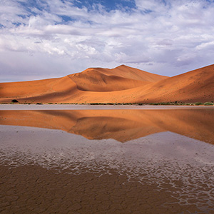 Desert Lake, water and san dunes in Sossusvlei, Namib Desert after rain, Namibia, Africa