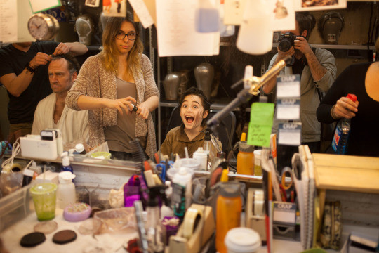 2014 2014 Adam Monley gets stage ready as Sarah Levine applies make-up to a very enthusiastic Josh Colley.