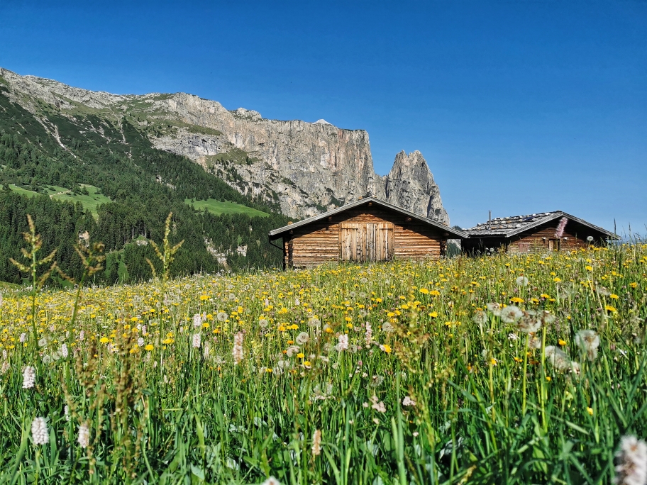 Die wunderbare Seiser Alm mit ihren schnuckeligen Heuhütten