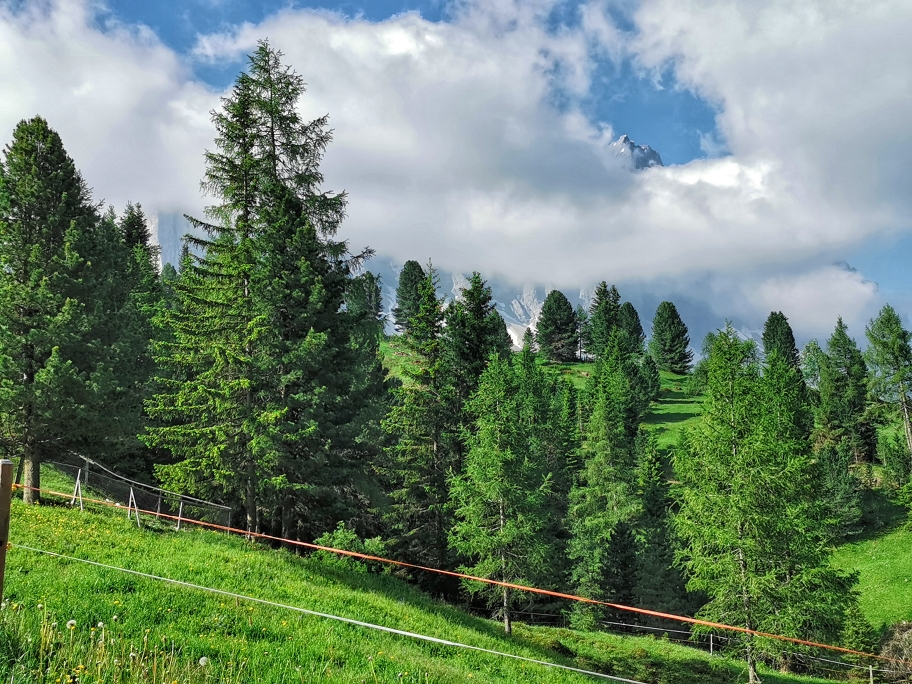 Erste zaghaft Blicke auf die Geißlerspitzen, die sich heute noch in Wolken hüllen