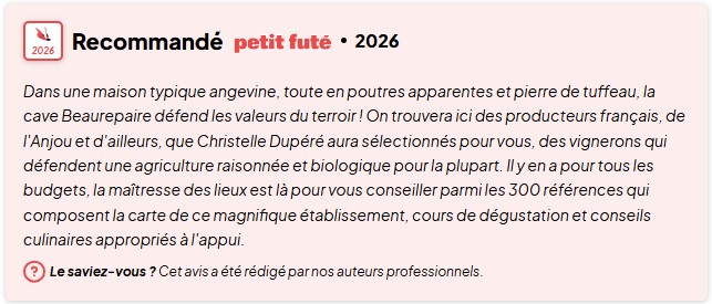 Petit Futé Angers 2023, La Cave Beaurepaire, rubrique Caviste
