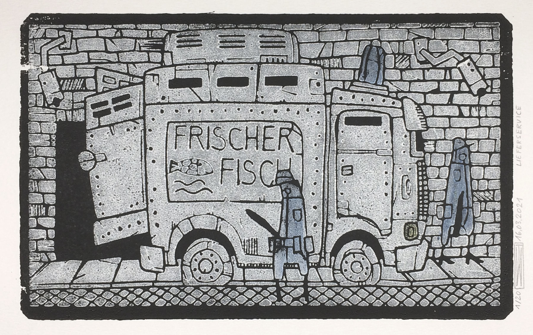 Lieferservice, Linoldruck, 21 x 13 cm