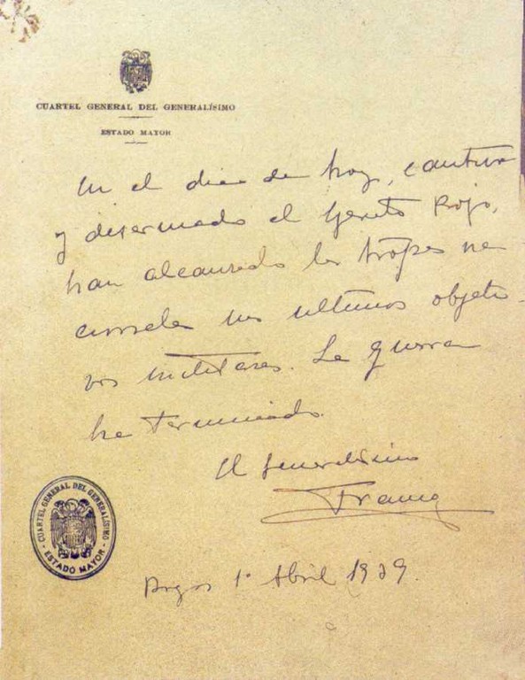 Document signat per Franco anunciant el final de la guerra