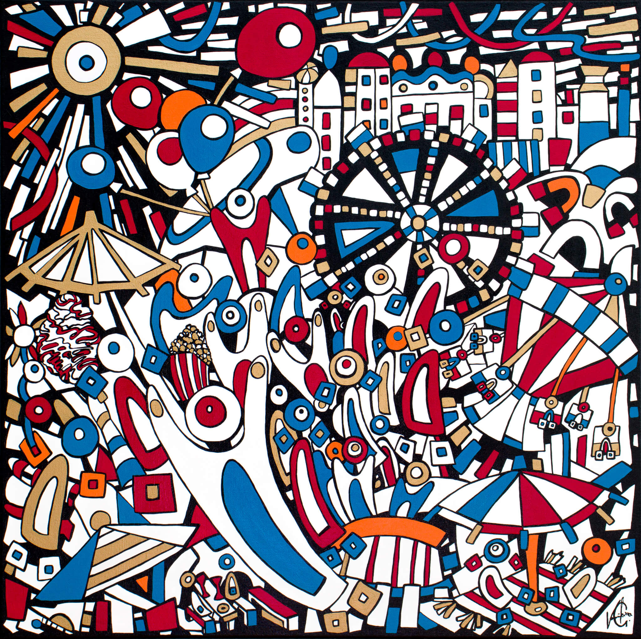 Veronika Spleiss "Jahrmarktleben" 2022 60x60 cm Acryl auf Leinwand, Privatsammlung Deutschland