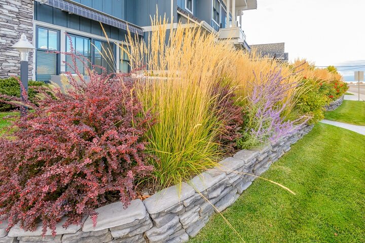 Farbenfrohes Blumenbeet mit Einfassungen aus Natursteinplatten