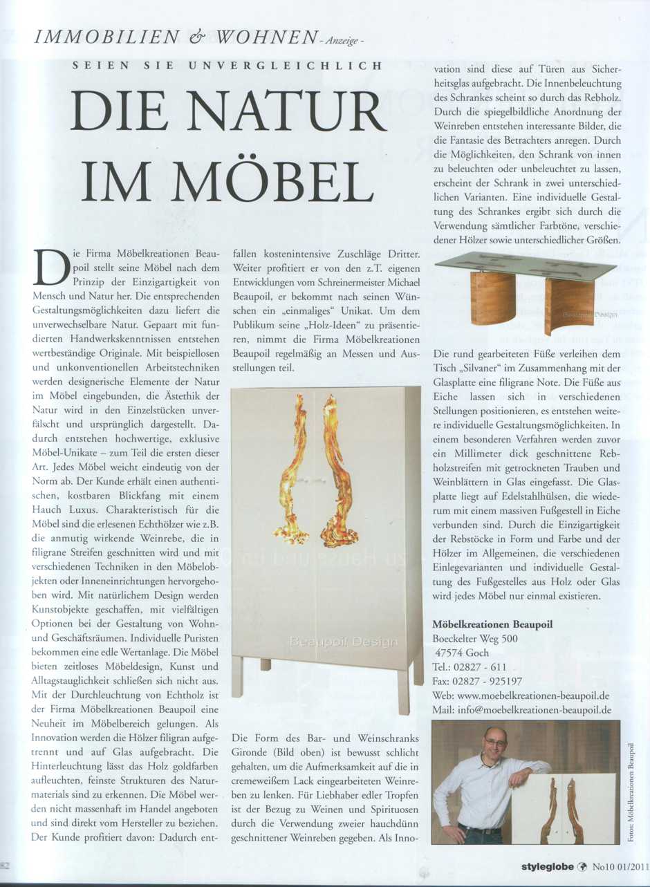 Presse Styleglobe Möbelunikate, die Natur im Möbel von Michael Beaupoil Möbelkreationen, einzigartige Möbel und Holztische