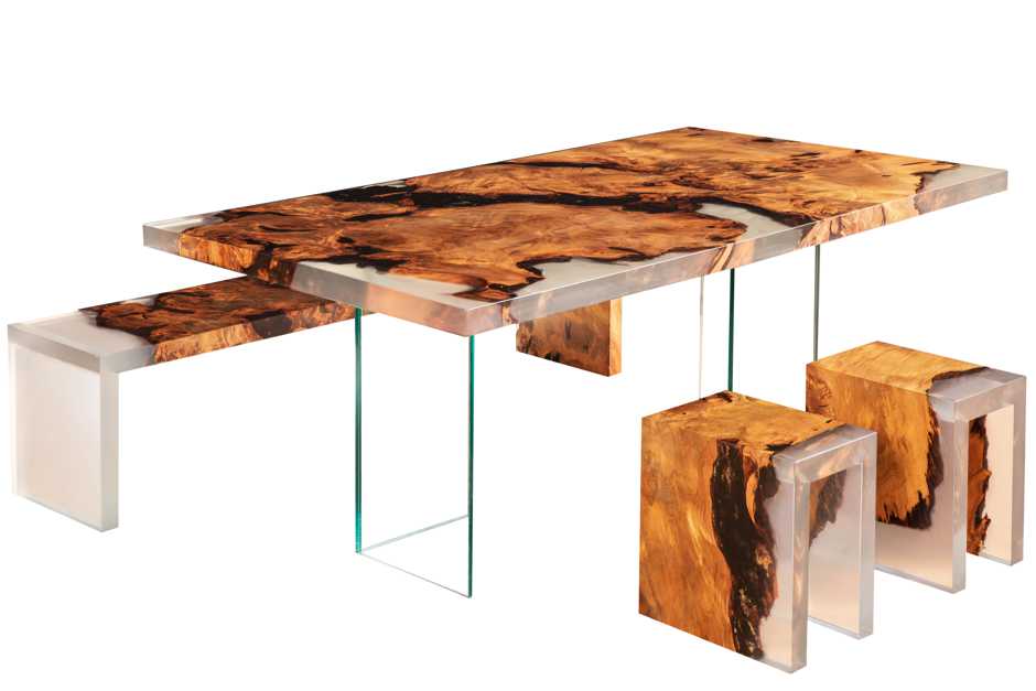 Exklusiver Kauri Holztisch modernes Möbeldesign, Unikat Designmöbel, Einzelanfertigung Wurzel Designertisch, Glasfüße, zeitloses Naturdesign, exklusive Einzelanfertigung