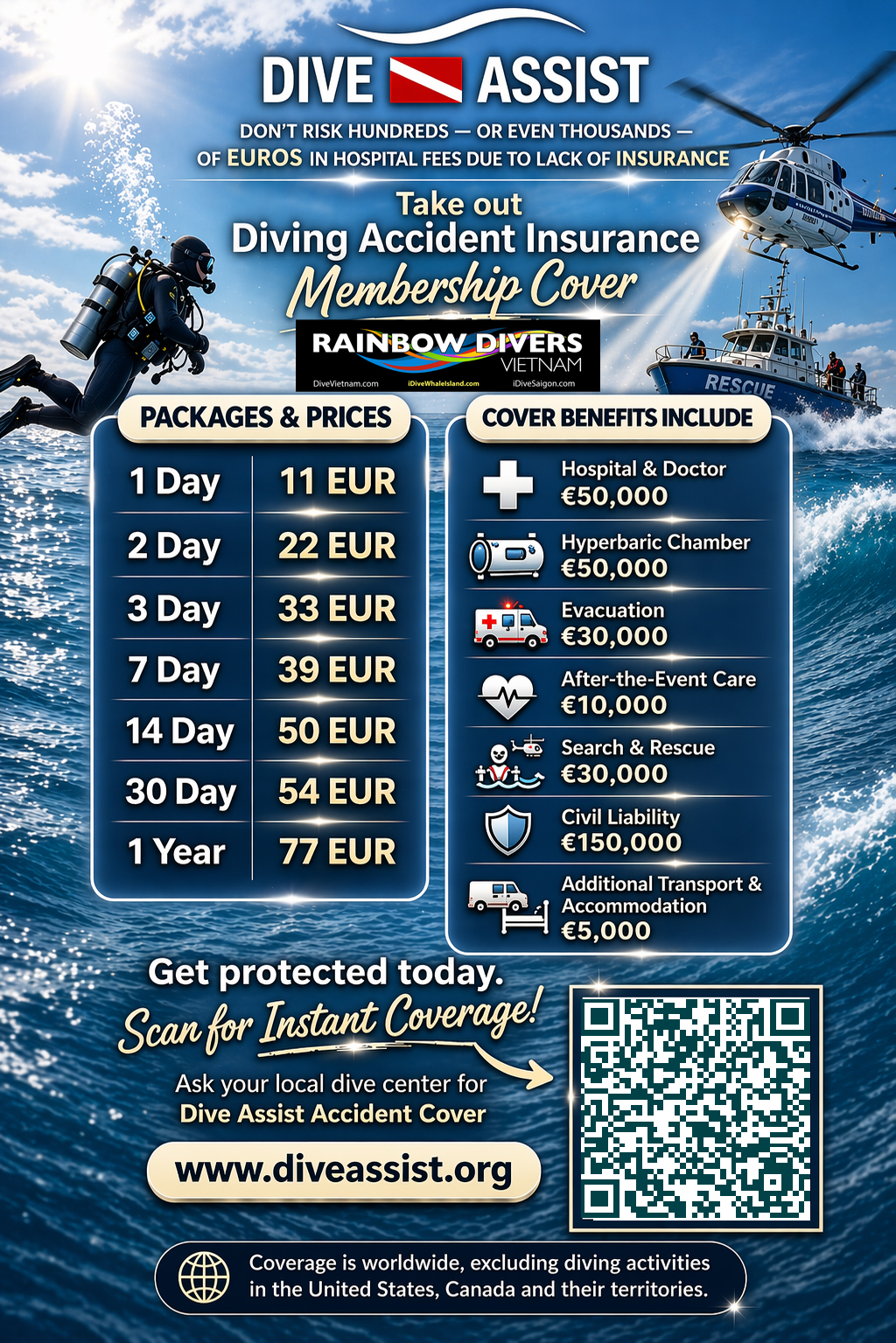 Rainbow Divers Vietnam PADI Dive Center | Diving Accident Insurance Cost and Coverage Banner Advert Image