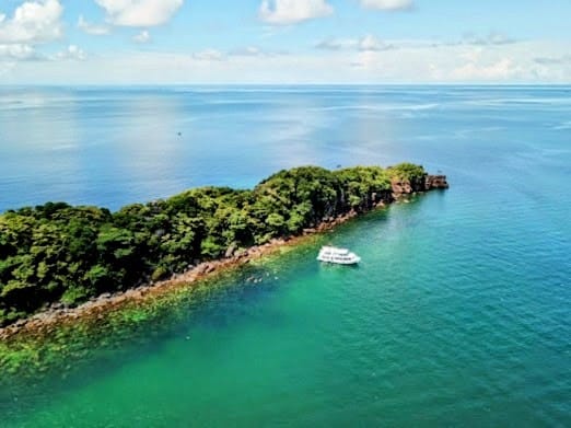 Rainbow Divers Vietnam Best PADI Dive Center, Aerial view of a scuba diving boat anchored in Phu Quoc Vietnam