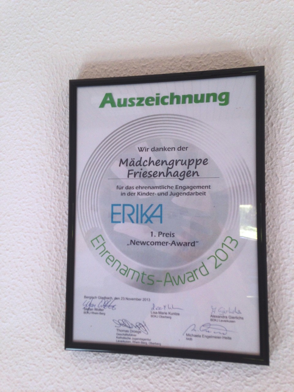 Und hier die Auszeichung für den Erika-Award