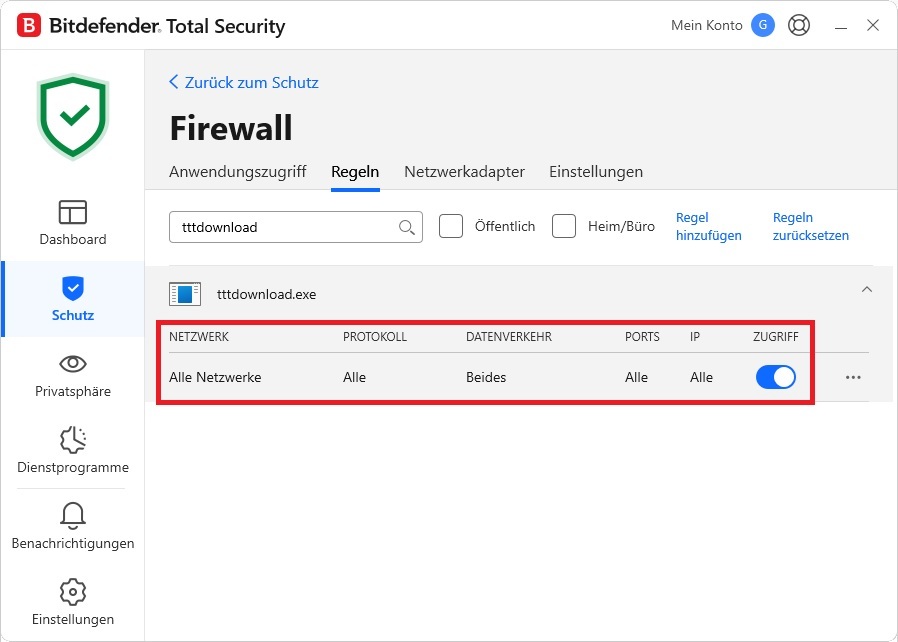 Die Regel für "tttdownload.exe" ist jetzt okay.